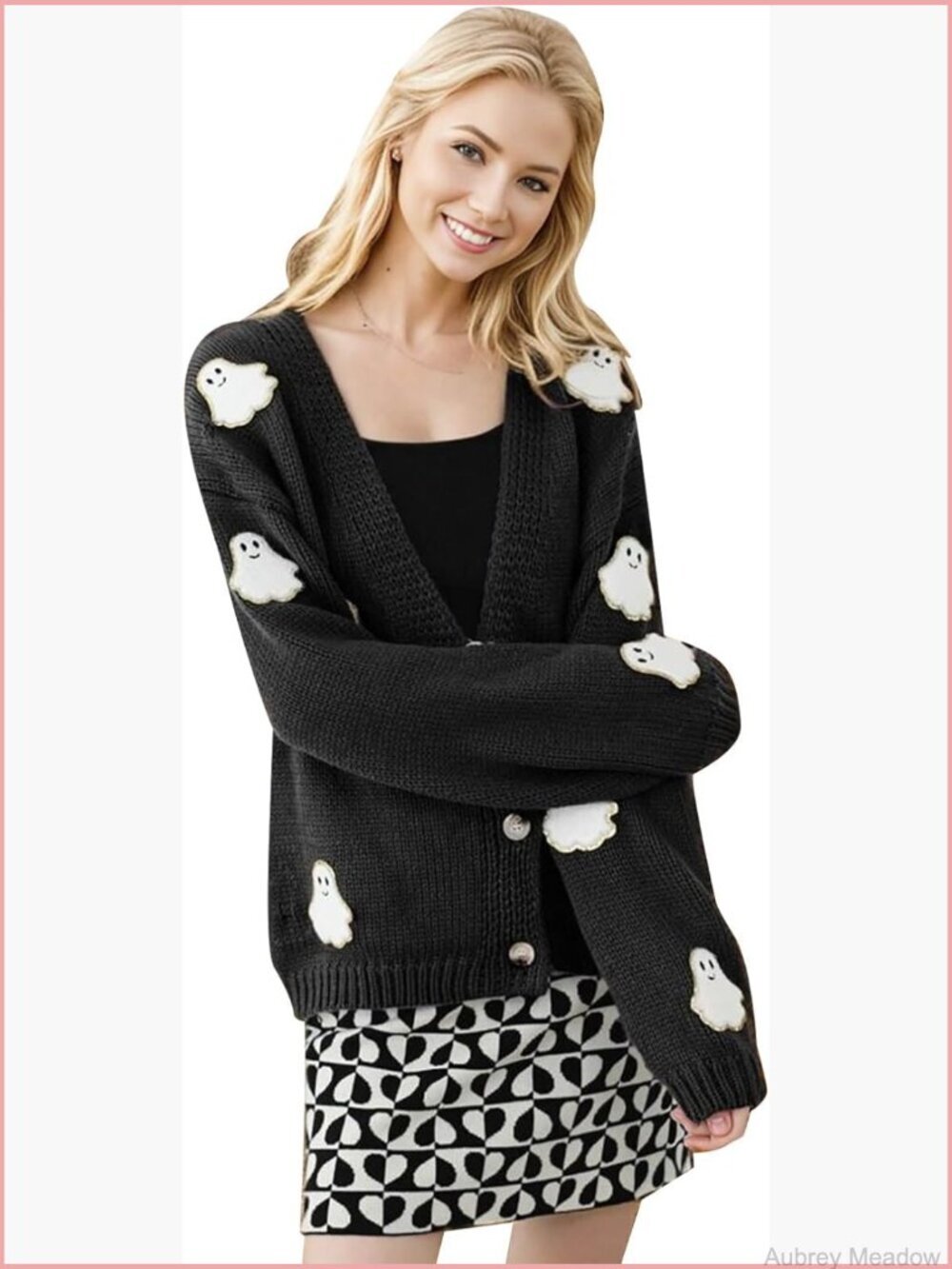 Ghost Patch V-Neck Cardigan Sweater Button Down Knit Coat